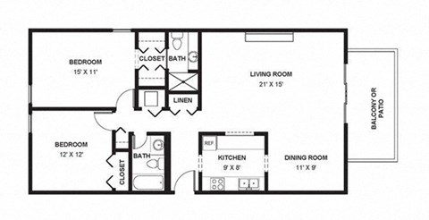 Floor plan for 2 beds, 2 baths, 1130 sqft